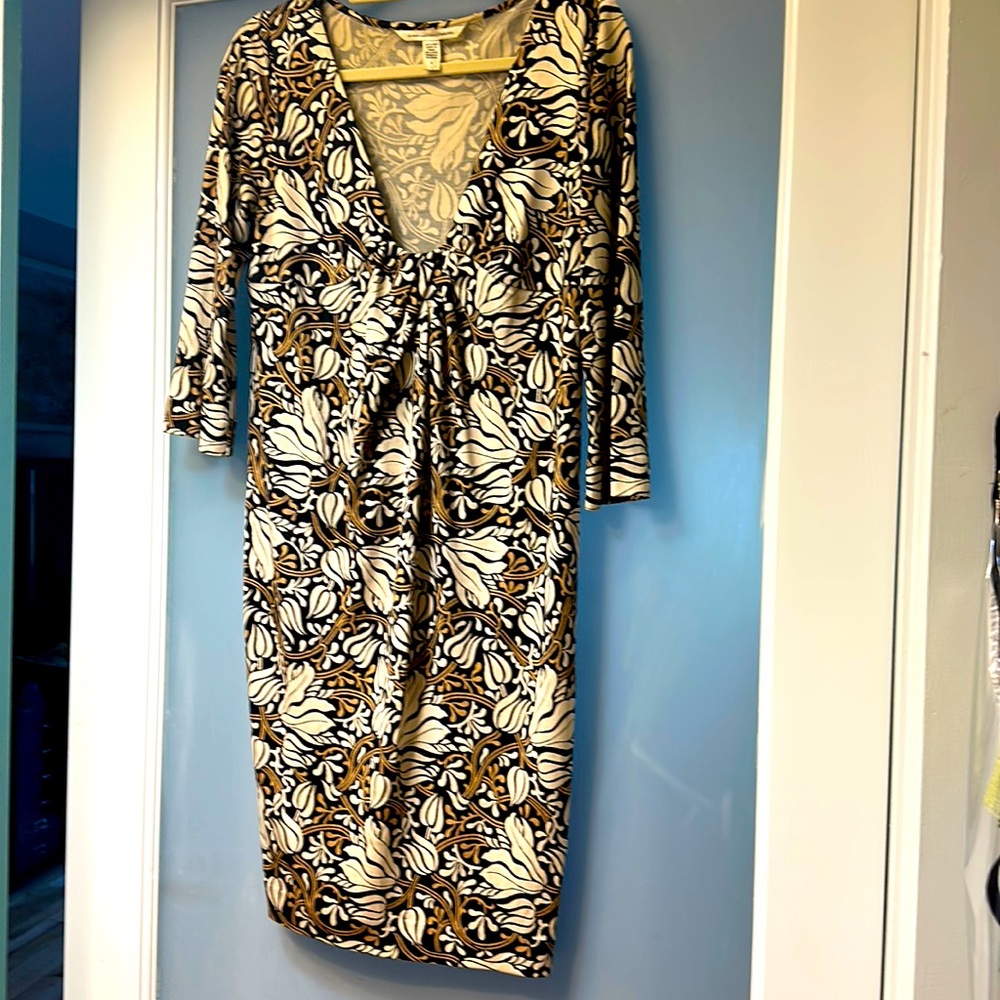 Diane Von Furstenberg black patterned silk Slip On Elena Dress Size 6